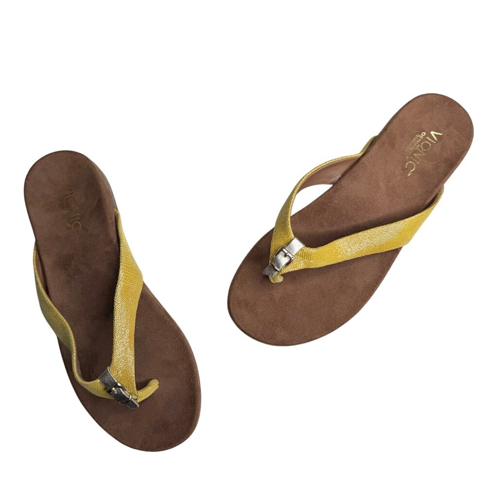 VIONIC Women's 10 LIMA Flip Flop Thong Sandal Orthaheel Snake Mustard Yellow